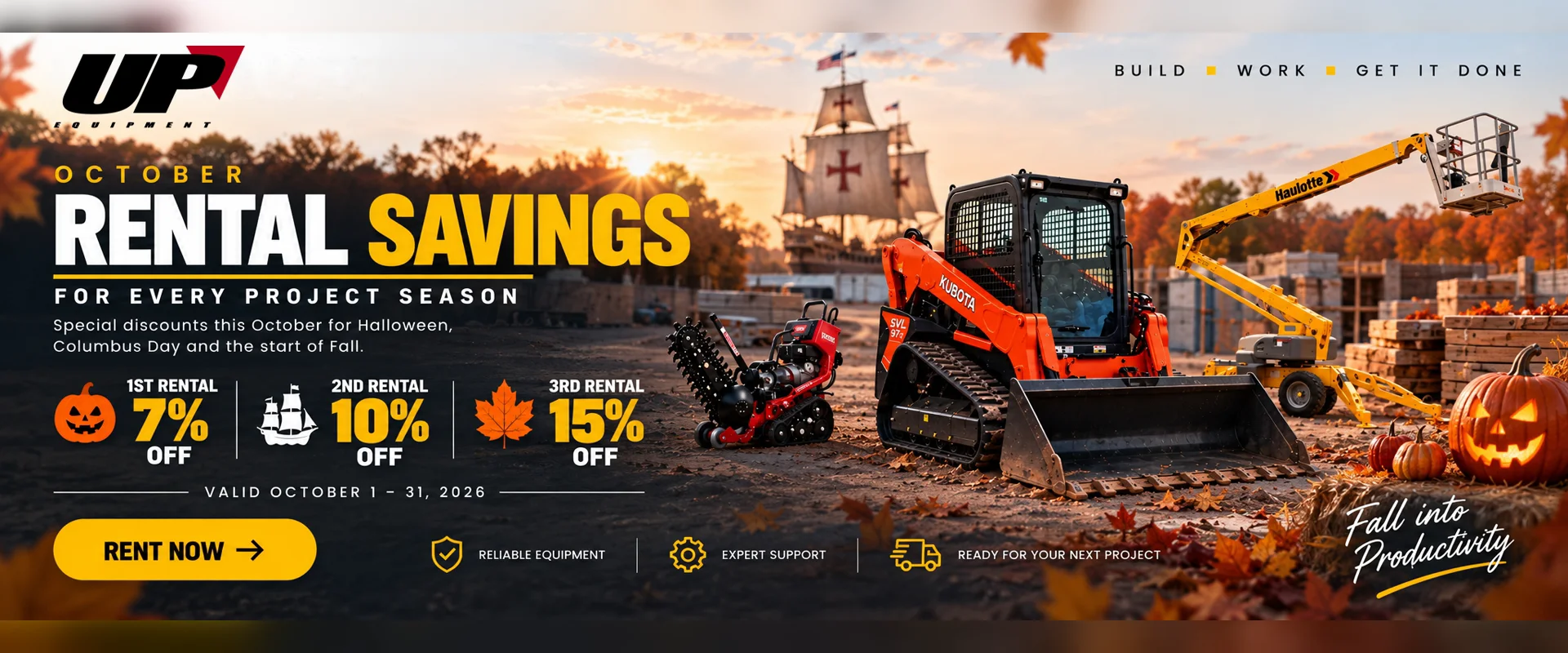 October Rental Savings: 7% off 1st rental, 10% off 2nd, 15% off 3rd. Valid October 1–31, 2026. Rent now.